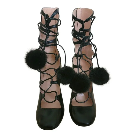 Gucci Heloise Black Leather Lace Up Pom Pom High Heeled Boots 6.5 36.5 409230 - Picture 6 of 17